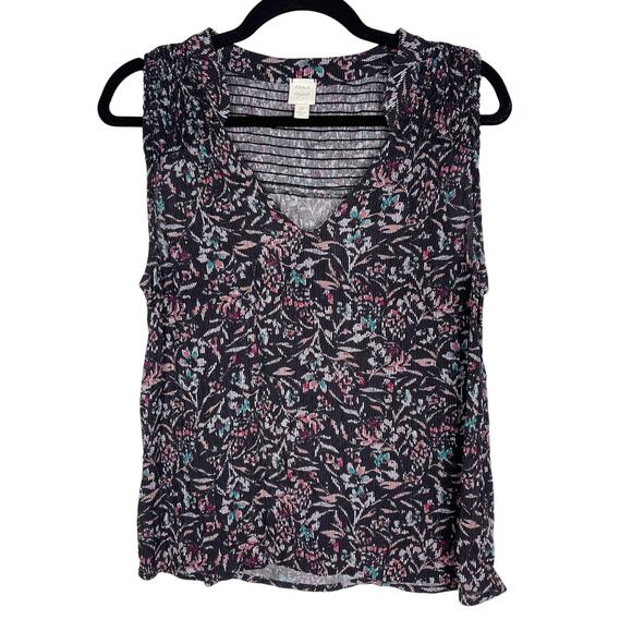 Evereve Roan + Ryan XS Black Pink Arlo Smocked Sleeveless Top Floral Print Vneck - Picture 1 of 9